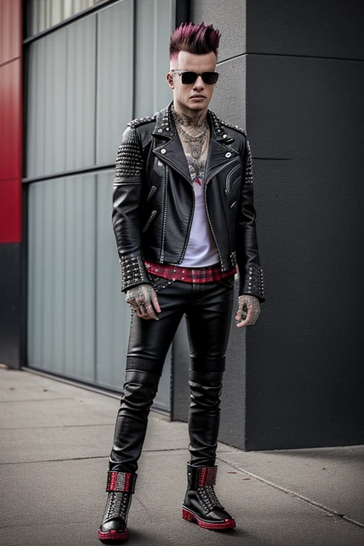 An image of a man punk with a mohawk, dressed in a leather jacket with studs. The punk is wearing classic punk tight pants in red plaid.