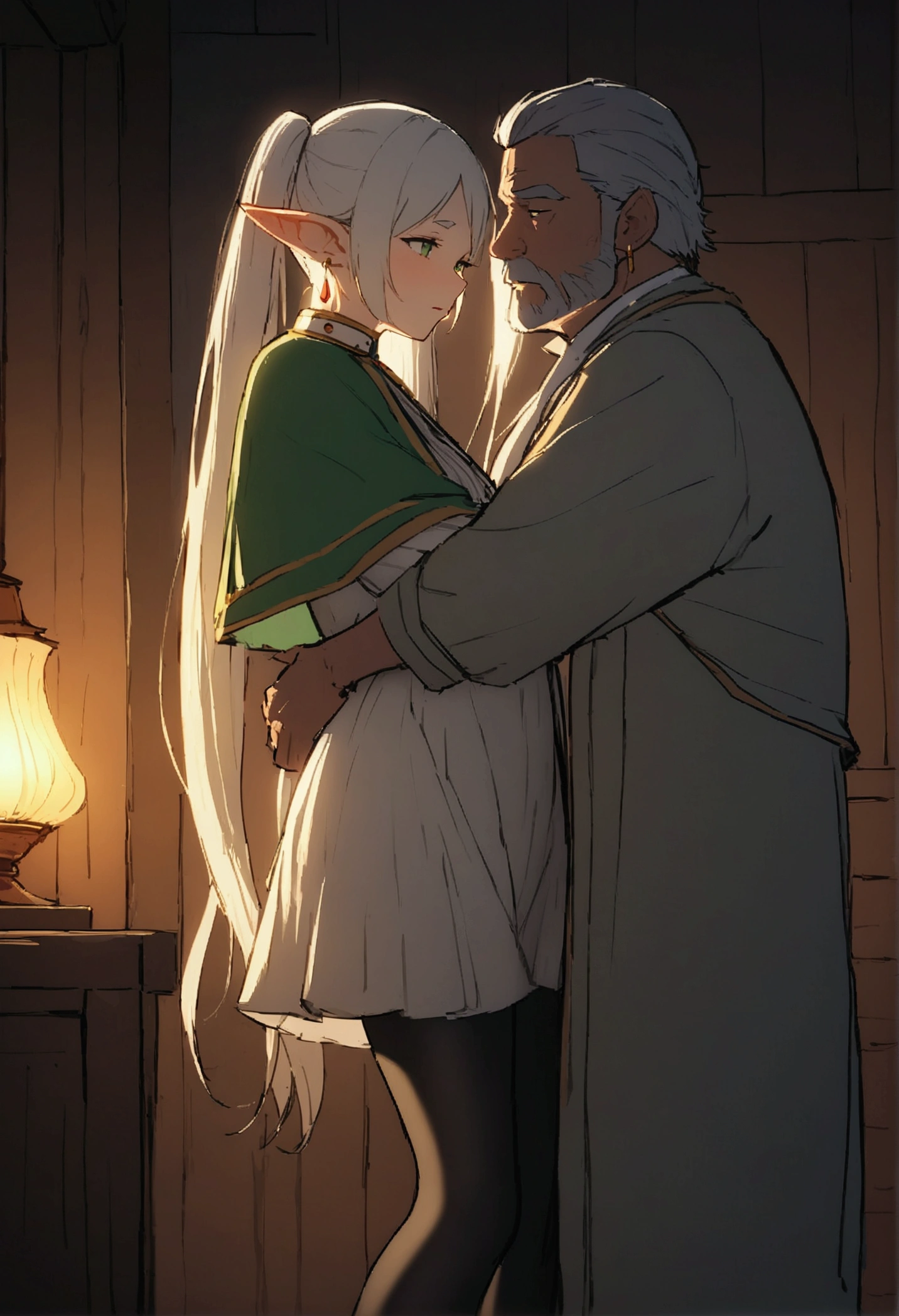 NSFW,masterpiece,Highest quality,High resolution,Very detailed,Frielen\(葬送のFrielen\),Pointed Ears,Green Eyes,Twin tails,very long hair of white color,, Earrings,dress,Capelet,Black Pantyhose,boots,Inn at night,bedroom,(Middle-aged men),A man embraces