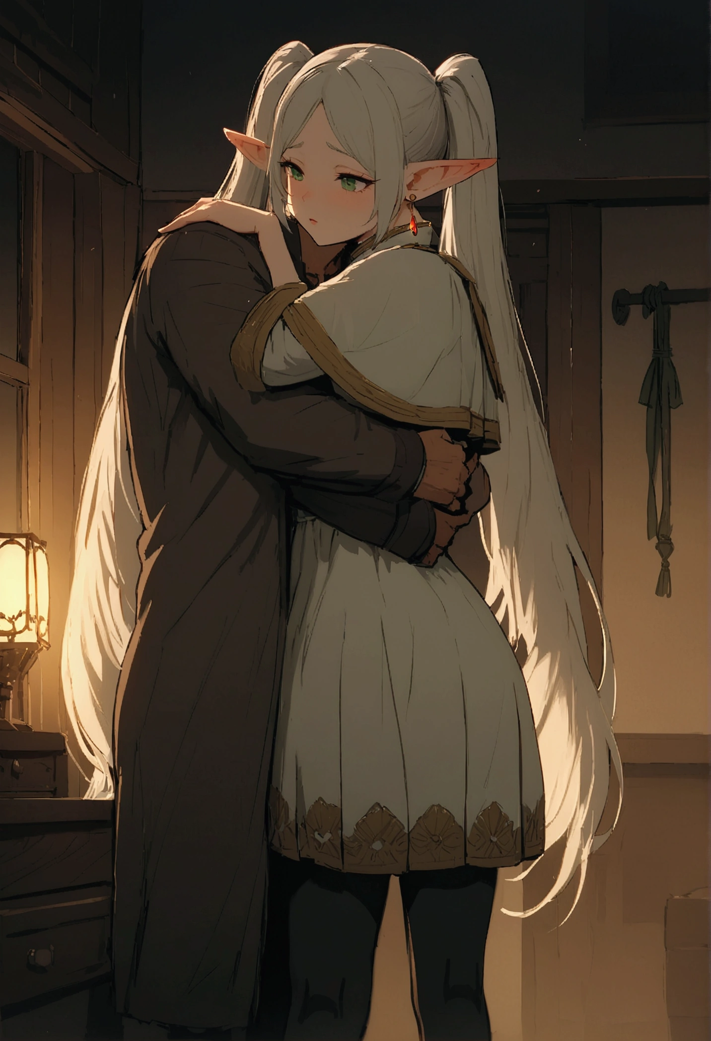 NSFW,masterpiece,Highest quality,High resolution,Very detailed,Frielen\(葬送のFrielen\),Pointed Ears,Green Eyes,Twin tails,very long hair of white color,, Earrings,dress,Capelet,Black Pantyhose,boots,Inn at night,bedroom,(Middle-aged men),A man embraces