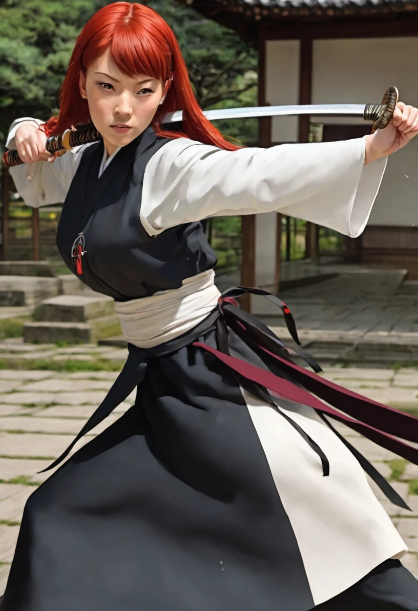 Red headed young nun teach8ng kenjitsu with habit slashed, exposing a breast as she duels.