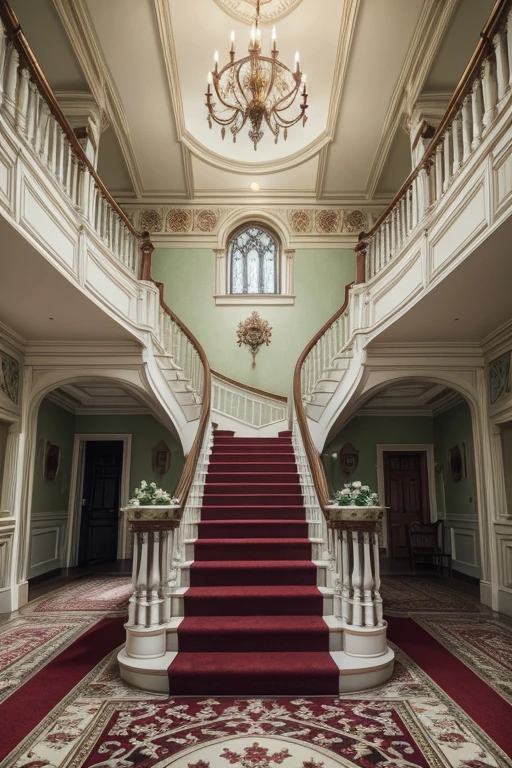 elegant Victorian style castle scene in a main room inside with stairs on the left side adorned on the railings with white and red roses and with a nice and leafy guide of green leaves and the stairs facing the front the entire image in flat front with realistic photo detail without lens distortion real colors and the stairs are in the foreground with a wide carpeted floor.