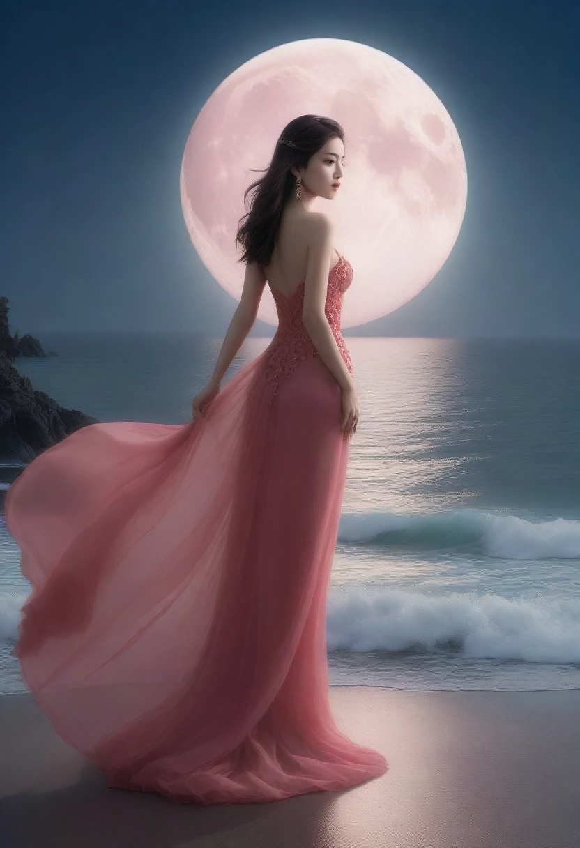 a woman in a pink dress standing in front of a full moon, tumblr, digital art, real photoshoot queen of oceans, red dress from flower buds, epic and stunning, reality infused with dreams, long dress, on the ocean, in a red dream world, very extremely beautiful, full dress, dressed in a beautiful, lunar walk, full covered dress, leading to a beautiful, professional photography], editorial Vogue --ar 9:16