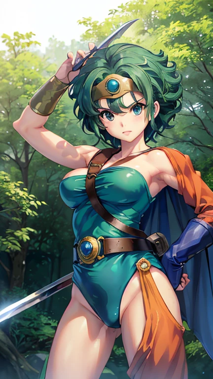 (((SFW、sound、Highest quality、Top notch work、Normal body、、Detailed face、Ultra-precision、Normal hand、のrefer、5refer、Highest)))、beautiful girl、Green Hair、yamato nadeshiko、Small breasts、Shortcuts、Blue leotard、Muscular、Black paleo skirt、Red Cape、Circlet、Bastard sword、sword of the sky、Dragon Quest、Female Heroes、 Fight、Fight準備完了、Sweep with a sword、((Perfectly executed:Include your head to toes in the frame,Standing posture,Draw the details well、There is no anatomical problem))、forest