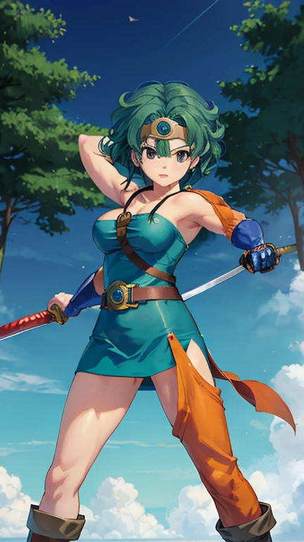 (((SFW、sound、Highest quality、Top notch work、Normal body、、Detailed face、Ultra-precision、Normal hand、のrefer、5refer、Highest)))、beautiful girl、Green Hair、yamato nadeshiko、Small breasts、Shortcuts、Blue leotard、Muscular、Black paleo skirt、Red Cape、Circlet、Bastard sword、sword of the sky、Dragon Quest、Female Heroes、 Fight、Fight準備完了、Sweep with a sword、((Perfectly executed:Include your head to toes in the frame,Standing posture,Draw the details well、There is no anatomical problem))、forest