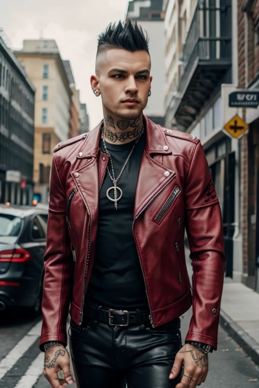 An image of a man punk with a mohawk, dressed in a leather jacket with studs. The punk is wearing classic punk tight pants in red plaid.