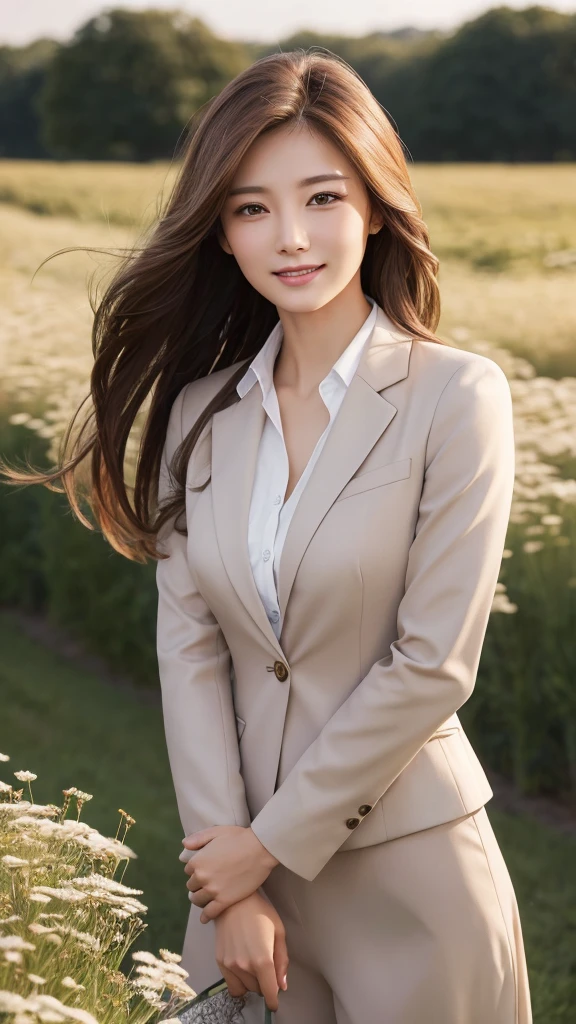 highest quality、genuine、Super detailed、finely、High resolution、8k wallpaper、one beautiful woman、、、light brown disheveled hair、wearing a business suit、sharp focus、perfect dynamic composition、beautiful and detailed eyes、thin hair、Detailed genuine skin texture、smile、model body shape、In a windswept meadow
