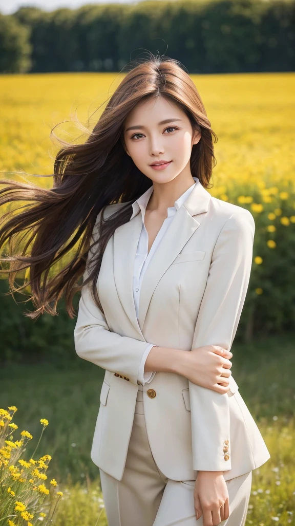 highest quality、genuine、Super detailed、finely、High resolution、8k wallpaper、one beautiful woman、、、light brown disheveled hair、wearing a business suit、sharp focus、perfect dynamic composition、beautiful and detailed eyes、thin hair、Detailed genuine skin texture、smile、model body shape、In a windswept meadow