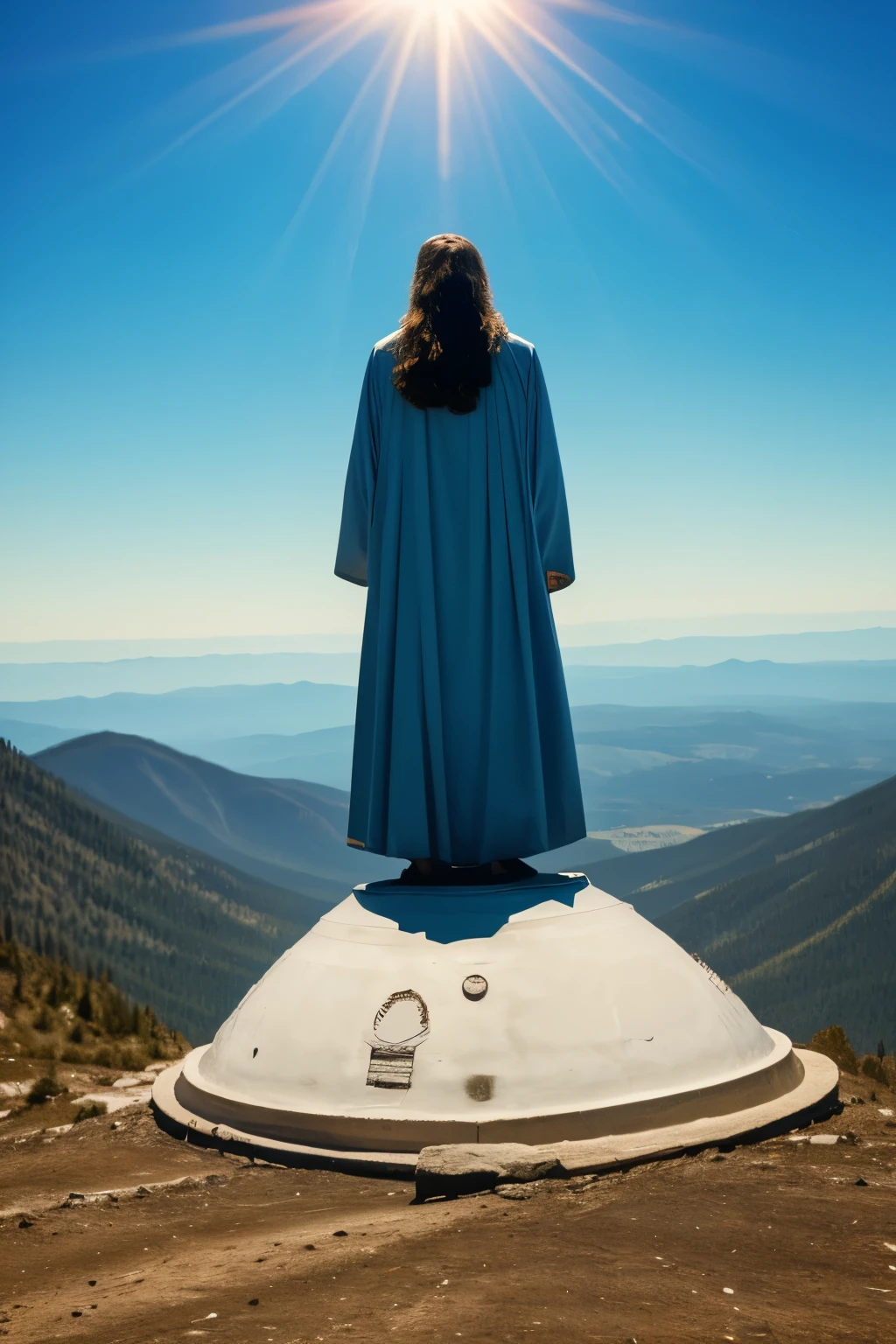 Jesus on a mountain looking at a UFO