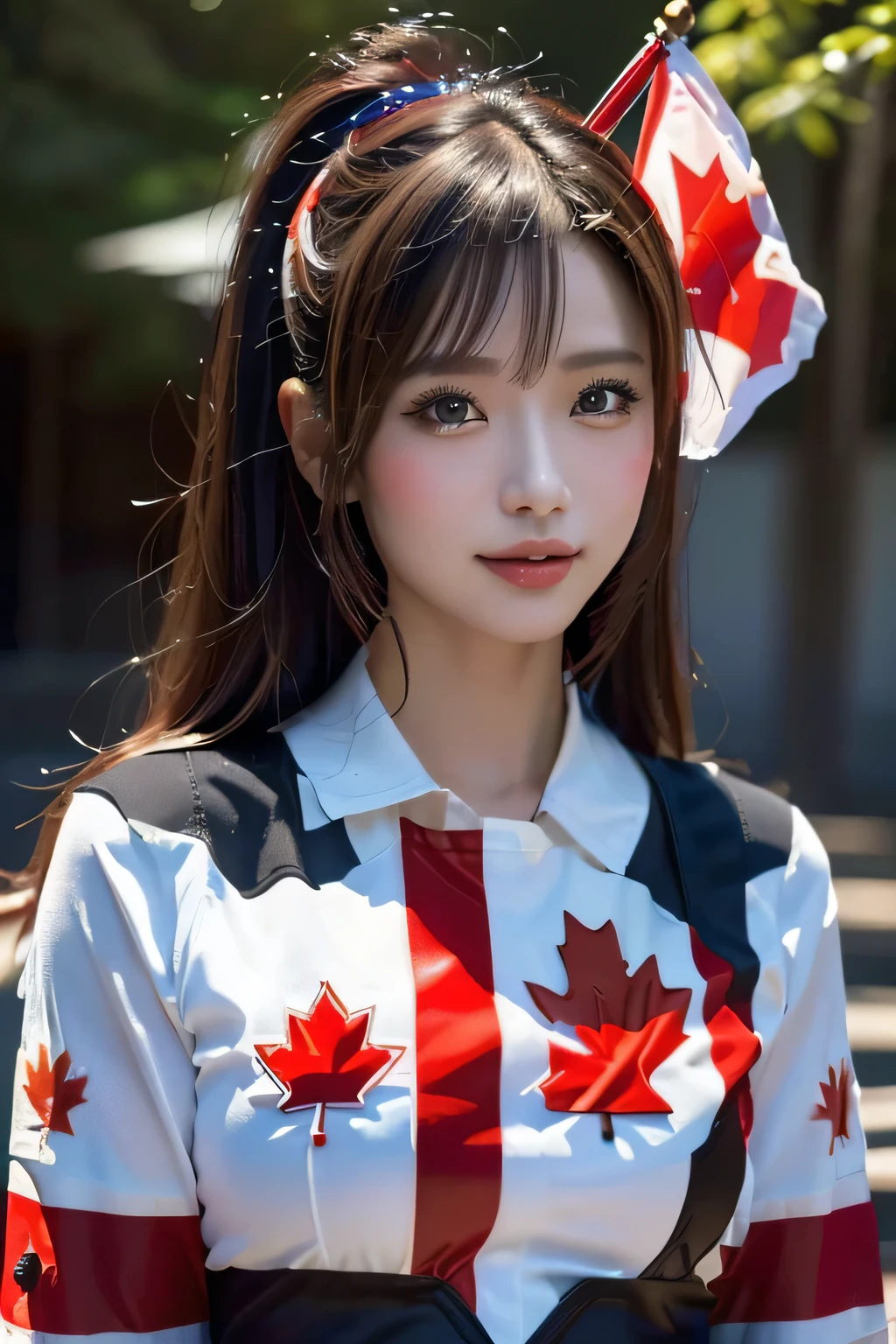 (((Canadian flag themed costume:1.3))),(((Women in men's clothing:1.3))),(Maple Leaf Flag),(masterpiece,Highest quality,Ultra-high resolution output images,Write Boundary Depth,Intricate details,Add depth to your subject with contrast between light and shadow,Anatomically correct facial structure),(Picture Mode Ultra HD,)