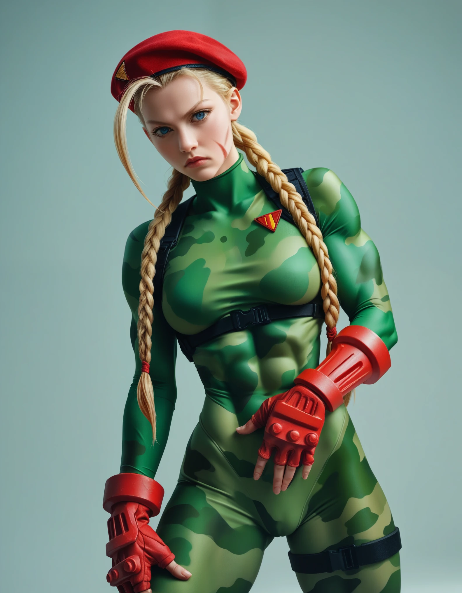Digital illustration of a female character Cammy White with a muscular build, wearing a green, form-fitting bodysuit. She has long blonde hair styled in two braids, a red beret, and red gloves. Her facial expression is serious, with blue eyes and a determined look. The character's skin is fair, and she has green camouflage paint on her legs. The illustration is highly detailed, with a focus on the character's strong physique and intense expression. anime, anatomically correct, super detail, high quality, 4K