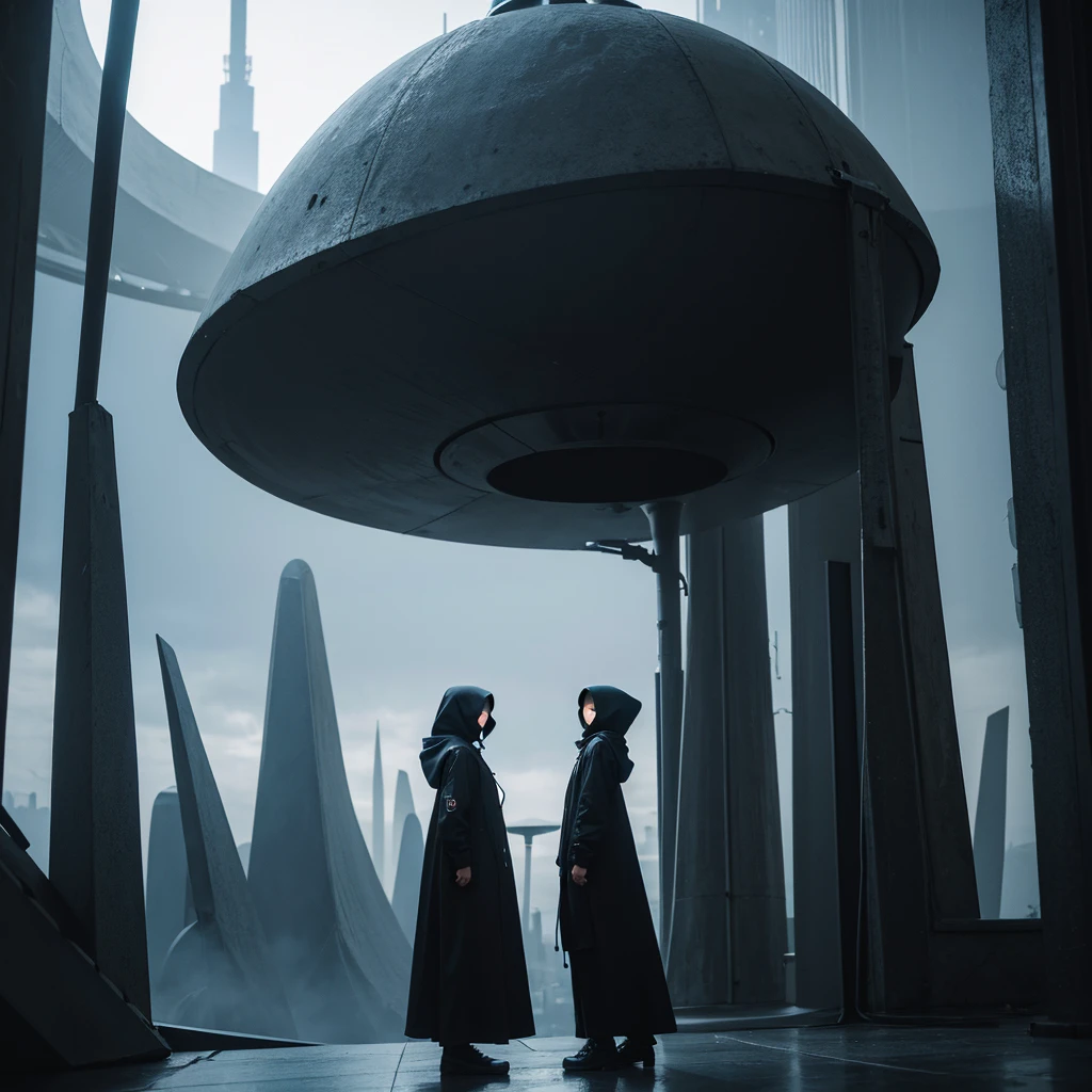 ((Best Quality)) Hooded person looking at futuristic architecture of alien civilization with dark color palette