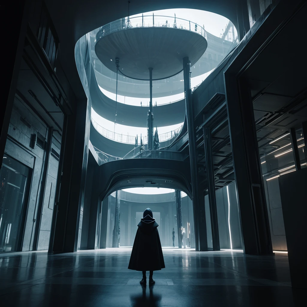 ((Best Quality)) Hooded person looking at futuristic architecture of alien civilization with dark color palette