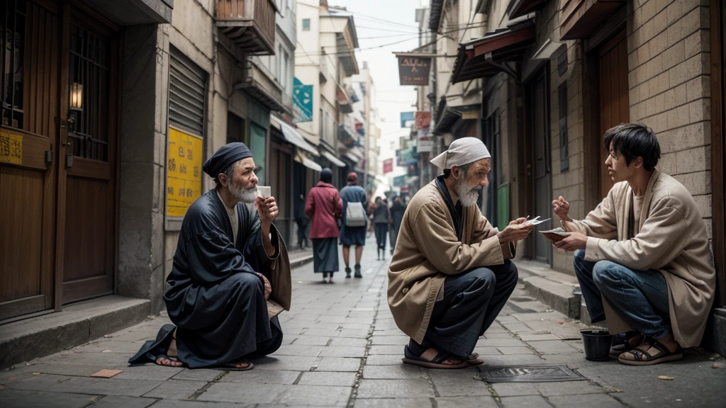 Create an illustration of a man giving alms on the street