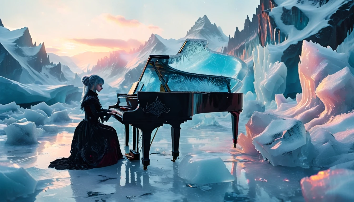 A gothic emo girl plays the piano in an icy landscape. The girl has pale skin and dark makeup and wears Victorian-inspired clothing with a modern emo twist. The ground is covered in snow and shimmering ice sculptures, and glaciers can be seen in the background. The sky is filled with the mesmerizing colors of the Northern Lights, casting a mystical glow over the entire scene. The girl sits in the middle and plays the piano, surrounded by the cold beauty of ice and snow.