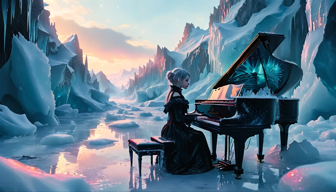 A gothic emo girl plays the piano in an icy landscape. The girl has pale skin and dark makeup and wears Victorian-inspired clothing with a modern emo twist. The ground is covered in snow and shimmering ice sculptures, and glaciers can be seen in the background. The sky is filled with the mesmerizing colors of the Northern Lights, casting a mystical glow over the entire scene. The girl sits in the middle and plays the piano, surrounded by the cold beauty of ice and snow.