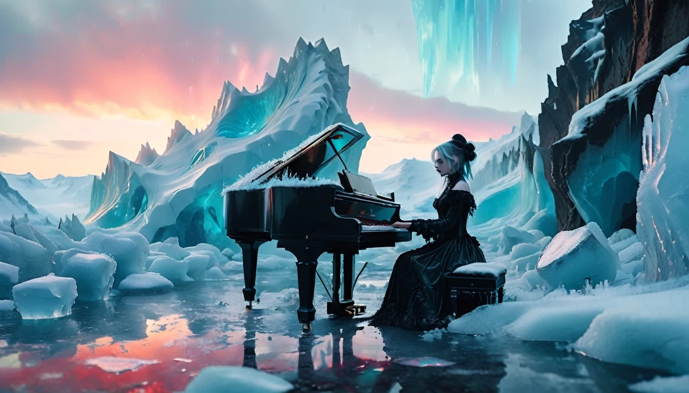 A gothic emo girl plays the piano in an icy landscape. The girl has pale skin and dark makeup and wears Victorian-inspired clothing with a modern emo twist. The ground is covered in snow and shimmering ice sculptures, and glaciers can be seen in the background. The sky is filled with the mesmerizing colors of the Northern Lights, casting a mystical glow over the entire scene. The girl sits in the middle and plays the piano, surrounded by the cold beauty of ice and snow.