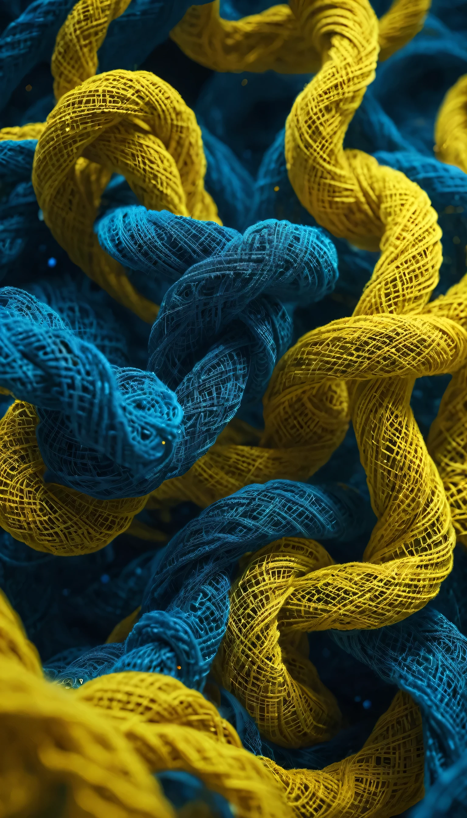 All yellow, abstract, curly fabric, clothes, blockchain's hash calculation, futuristic, blue Rembrandt lights style, 8k with 4D, mechanics, shiny lights vivid, realism, photo abstract, smoke