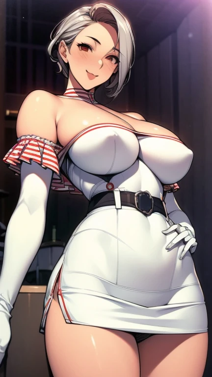 8k,best quality,masterpiece,Very detailed,Semi-realistic,a girl,White off-shoulder top,White gloves,White and red striped tight skirt,Silver wavy short hairstyle,Red eyeakeup Eyeshadow,Lipstick,Smile,science fiction apocalypse,Fighter warehouse,chest mecha,Large Breasts,Arm mecha,Mecha belt