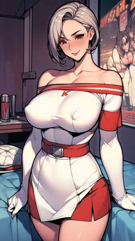 8k，best quality，masterpiece，Very detailed，Semi-realistic，a girl，White off-shoulder top，White gloves，White and red striped tight skirt，Silver wavy short hairstyle，Red eyeakeup Eyeshadow，Lipstick，Smile，science fiction apocalypse，Fighter warehouse，chest mecha，Large Breasts，Arm mecha，Mecha belt
