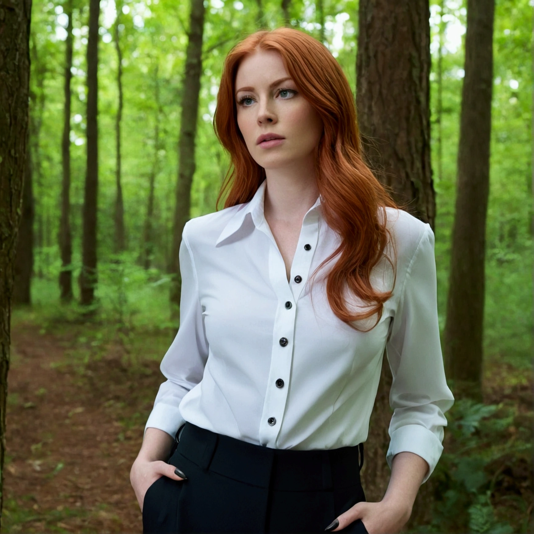 serious woman, Red-Haired , shy very long hair, wears a strict blouse, Bluse bis oben buttoned up, visible buttons on the blouse, ,Sleeve style suit, fullbody, perfect, other pose, buttoned up, serious clothing style, Business Woman, in forest, wide angle, Kragen buttoned up, strictly dressed, tightly zipped shirt, buttonGap, --ar 1:1