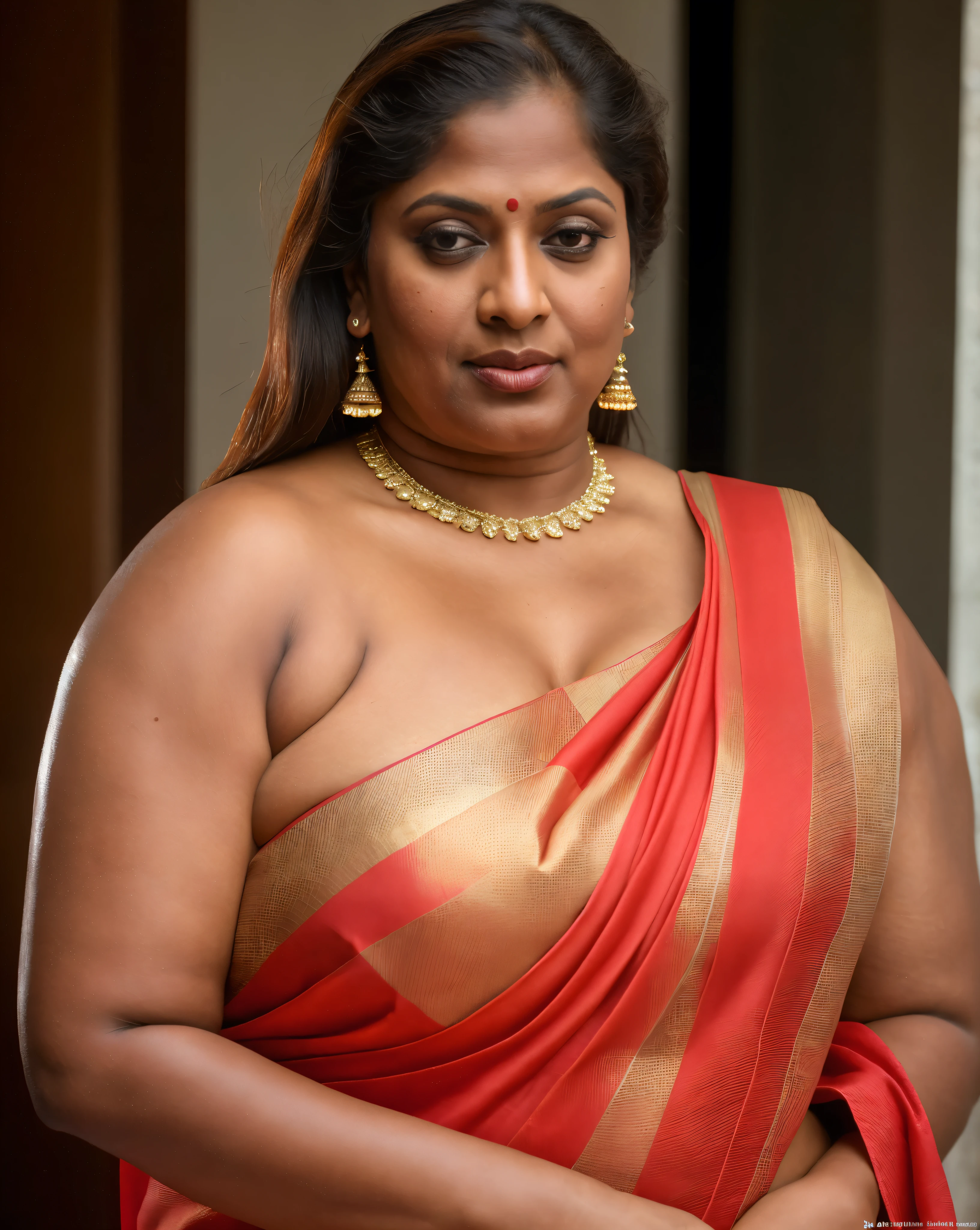 Foto RAW, photorealistic, true milf, mature wrinkles skin, tanlines, photography, full body shot, 65 years old Woman, nadhiya moidu, hot nadhiya mommy, master shot, perfect eyes, goddess like beauty, nadhiya momma, nadhiya amma, pierced eyes, perfect thick chubby mallu Desi aunty bhabhi, Wearing a Stanapatta, a chest-band.Saree model, model Photography, Indian saree shoot, Indian traditional wear advertising photography, traditional wear brand shoot, face of indian chubby milf actress Nadhiya or Nadia Moidu or Nadiya moidu, masterpiece, realistic, realism, incredible details, pleasure, photorealism, detailed skin, skin pores, high contrast, photorealistic Artstation 8k HD digital art trend of high definition and detailed realistic skin texture, ultra detail, realistic skin texture, armature, best quality, ultra high definition, (photorealistic:1.4),, high resolution, detail, raw photo, sweat, Re sharp, by Lee Jefferies Nikon D850 Film Stock Photo 4 Kodak Portra 400 Camera F1.6 Lens Rich Color Ultra Real Realistic Realistic Textures Dramatic Lighting Unreal Engine Trending at Art Station Cinestill 800,(pele altamente detalhada: 1.2), 8k UHD, DSLR, soft-lighting, alta qualidade, grain of film, Fujifilm XT3,she didn't like to wear blouse or bra, she is happy to wear only saree, she hates blouse or bra, detailed hairy armpits, hyper realistic skin, skin pores, sweat, veins on the body, skin texture, freckles 0.2, RAW photo, astounding details, professional fashion photography, photographed by master photographer, insane skin texture details, bulky figure, plus size Indian aunty, chubby Indian housewife, Indian desi Mature widow aunty, queen of seduction, tempting jiggly figure, appealing body language, she wants to alleviate his loneliness, she wants to be a sugarmommy,