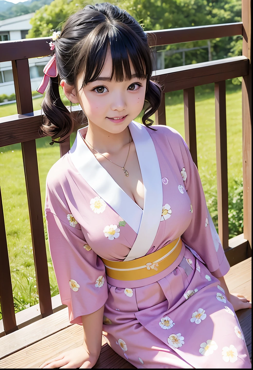 (Highest quality,masterpiece:1.3,Ultra-high resolution),(Very detailed、Caustics) (Realistic:1.4, RAW shooting、)Ultra-Realistic Capture、Very detailed、Natural skin texture、masterpiece、(Japanese elementary school girl wearing a floral yukata:1.3)、Adorable expression、Expressions of happiness、、height: 140cm、Baby Face、Pure girl、Amazingly cute、Twin tail hairstyle、Curly Hair、ribbon、Black Hair、Large Breasts、Open chest、Shining thighs、Shining ass、necklace、Sitting on the veranda of my family's house in the countryside、Taken in the evening、Background details、smile、An inviting gaze、(Anatomically correct)、Cowboy Shot、Attention to detail、