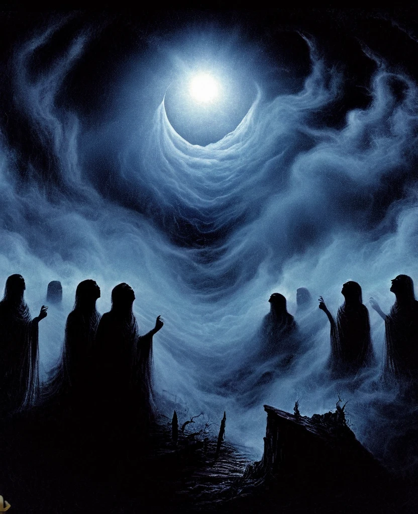 black background ,mist , anguish, valley , eclipse, Spirits, 