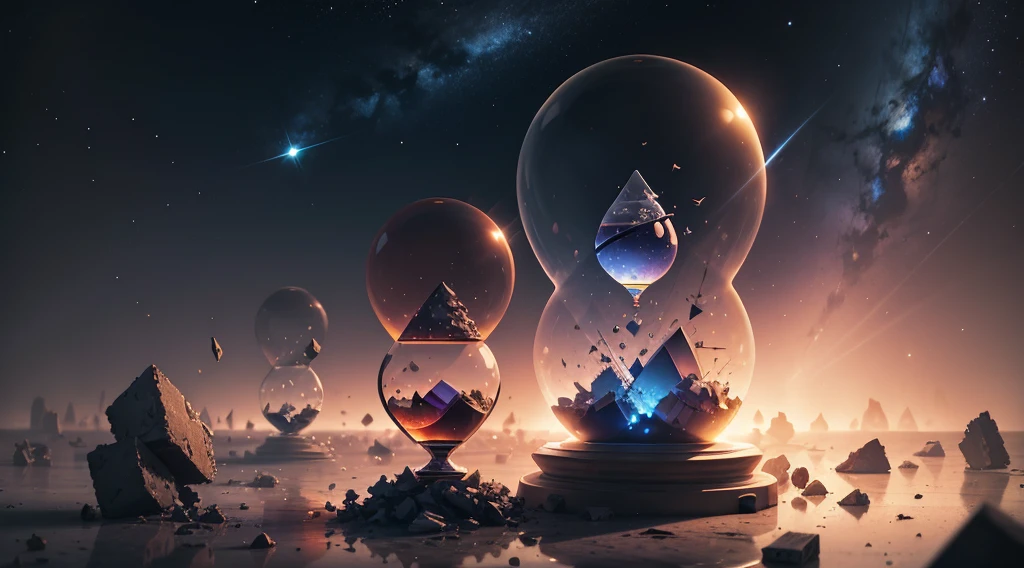 fragments of a destroyed hourglass floating in the darkness of space
