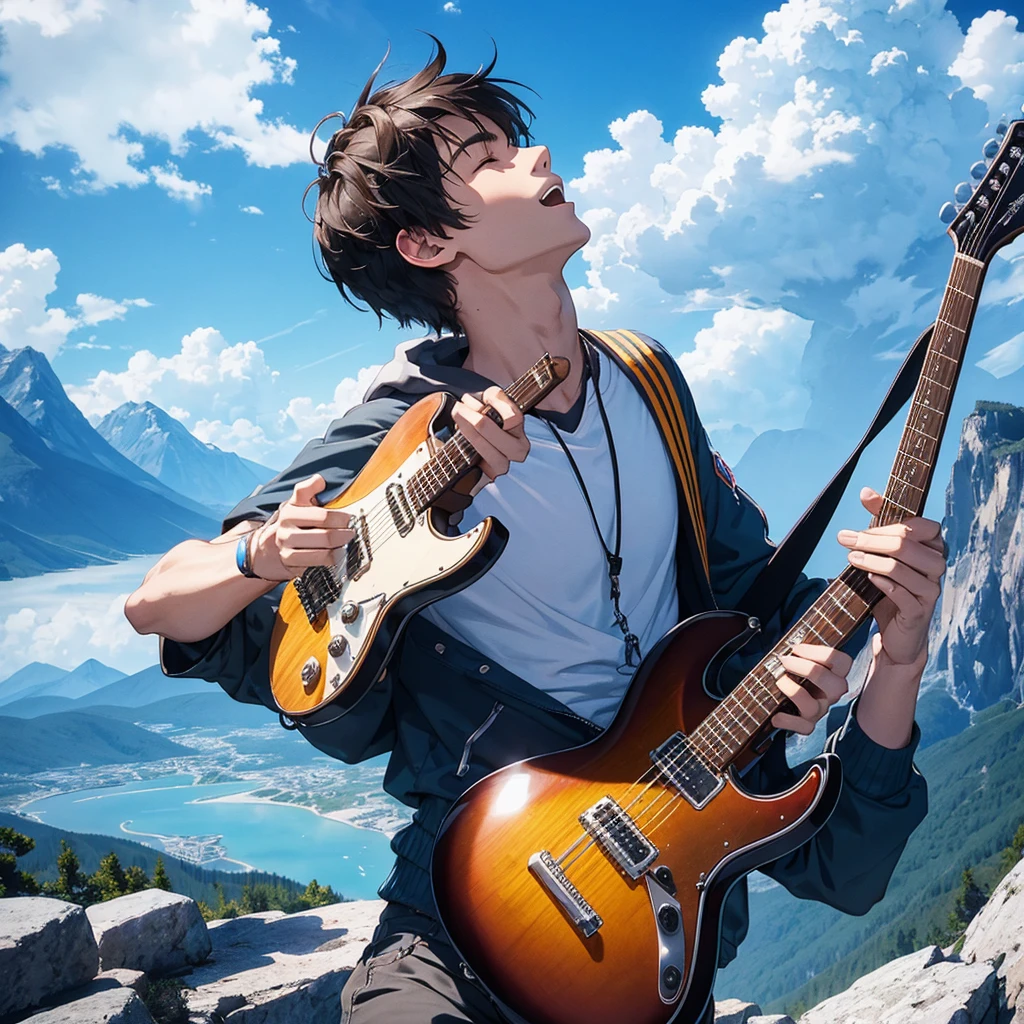 "A young man with an electric guitar in a mountain, raising one arm towards the blue sky and looking up with an expression of excitement and freedom."