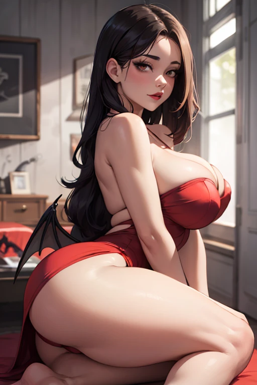 masterpiece, best quality, shadows, perfect hands, perfect legs, perfect anatomy, pretty face, mature features, 1 girl, 21 years old, MILF, succubus woman, red sexy dress, black lips, white long hair, thighs, ass, breast, seductive, spicy, posing, cinematography lights, dark naughty room background,