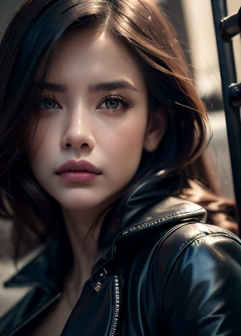best quality,4k,8k,highres,masterpiece:1.2,ultra-detailed,realistic,photorealistic,photo-realistic:1.37,HDR,UHD,studio lighting,ultra-fine painting,sharp focus,physically-based rendering,extreme detail description,professional,vivid colors,bokeh,portraits,chiaroscuro,dramatic lighting,moody,cinematic,woman in black leather jacket,seductive eyes,full lips,delicate facial features,mysterious expression,bold pose,confident attitude,moody background,dramatic shadows,atmospheric lighting