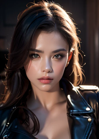 best quality,4k,8k,highres,masterpiece:1.2,ultra-detailed,realistic,photorealistic,photo-realistic:1.37,HDR,UHD,studio lighting,ultra-fine painting,sharp focus,physically-based rendering,extreme detail description,professional,vivid colors,bokeh,portraits,chiaroscuro,dramatic lighting,moody,cinematic,woman in black leather jacket,seductive eyes,full lips,delicate facial features,mysterious expression,bold pose,confident attitude,moody background,dramatic shadows,atmospheric lighting