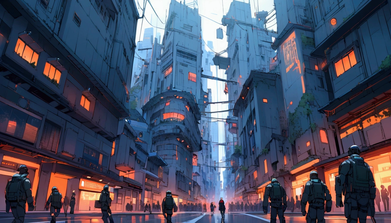 Futuristic City、Countless surveillance drones fly in the sky.、Robot soldiers are watching over people in the city.。People among the buildings々is walking in fear。