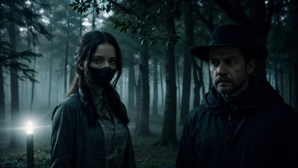 Depict a ghostly figure emerging from behind an ancient oak tree in a forest clearing. The entity's eyes glow with a supernatural light, and its form is shrouded in shadows, appearing almost like mist or smoke. The surrounding trees seem to sway and rustle ominously, adding to the sense of foreboding. Anna and Lucas stand frozen in fear, captivated by the mysterious presence before them.