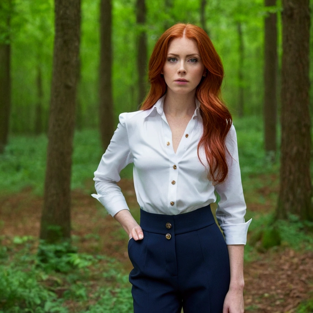 serious woman, Red hair , shy very long hair, wears a strict blouse, Bluse bis oben buttoned up, visible buttons on the blouse, ,Sleeve style suit, fullbody, perfect, other pose, buttoned up, serious clothing style, Business Woman, in forest, wide angle, Kragen buttoned up, strictly dressed, tightly zipped shirt, buttonGap, on city