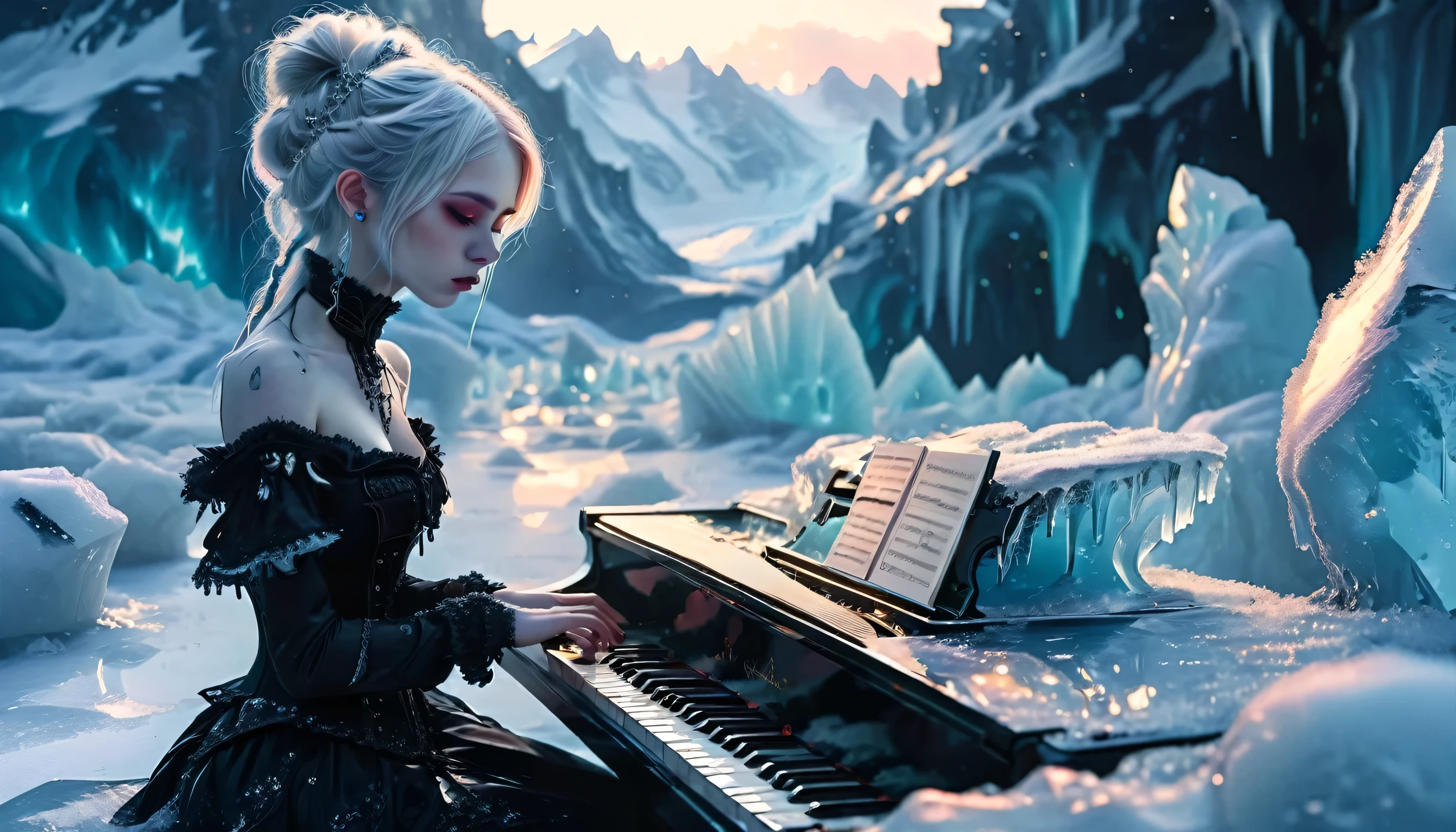 A gothic emo girl plays the piano in an icy landscape. The girl has pale skin and dark makeup and wears Victorian-inspired clothing with a modern emo twist. The ground is covered in snow and shimmering ice sculptures, and glaciers can be seen in the background. The sky is filled with the mesmerizing colors of the Northern Lights, casting a mystical glow over the entire scene. The girl sits in the middle and plays the piano, surrounded by the cold beauty of ice and snow.