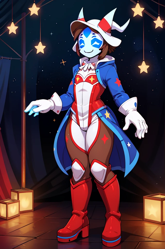 ((crossdresser)), (((1boy)))), (((solo))), ((((alone)))), ((lomg dark brown hair)), ((fully enclosed smiling white jester helmet)), ((blue glowing eyes)), ((jester hat)), (((faceless))), (((no face))), (((hidden face))), ((((brown skin)))), wide hips, narrow waist, thick thighs, standing in a circus tent, ((flat chest)), (((full body skin tight colourful(white blue red) jester suit with star decals))), (red boots), ((white gloves)), ((tall))