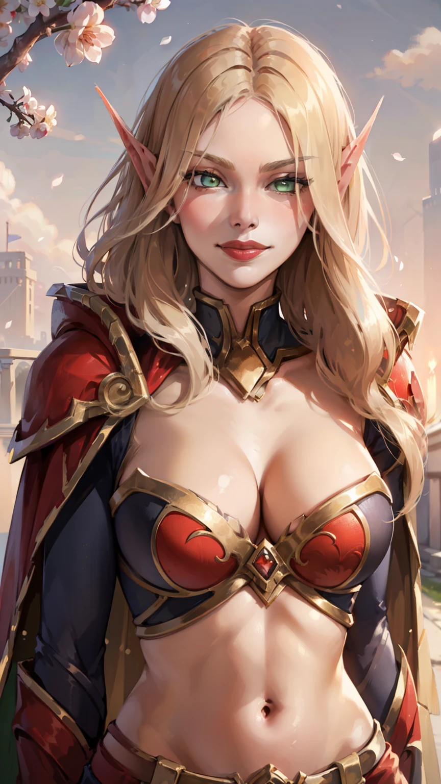 (8K, RAWphotograph, highest quality, masterpiece:1.2), High resolution, Super detailed, intricate details, disorganized, masterpiece, break , beautiful detailed woman, beautifully detailed mouth, highly detailed eyes and face, beautiful and fine eyes, 20 years old girl, (1girl, Blonde hair, long hair, spiral eyes, smirk, lustful eyes, red lips, lickinglips, tongue out) (digital) (Upper Body) (Looking at viewer) (standing), (Orange cherry blossom background), (black cape) (red midriff) (Gold skirt) (Supergirl outfit)) , best quality, green eyes, pointy ears, cover shoulder, cover breast, sleeves, gloves, red clothes, semi crop top, bloodelf