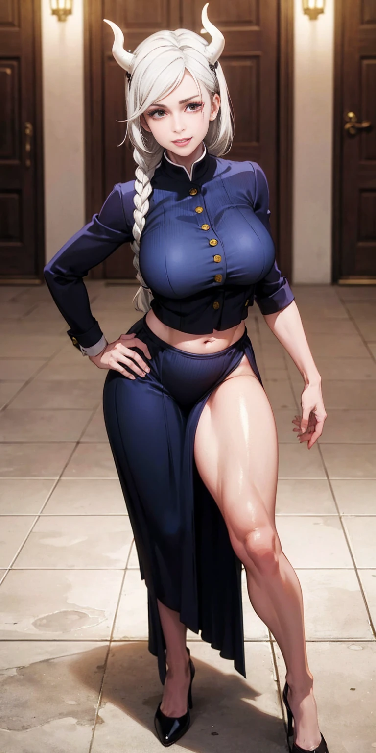 1 full length girl standing, good ass, maid of honor, Hairstyle with a white braid, white hair, blind, perfect lighting, muscular, thighs, mature woman, Mummy, belly button, ABS, look at the viewer (masterpiece, high quality: 1.1) smile, Extremely huge breasts, maternal, Porcelain skin, Extra long hair, shiny skin, good face, oni horns