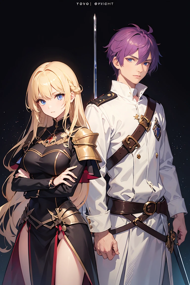 A purple-haired woman with blue eyes clashing sword with a blonde-haired man with red eyes. They both wearing knight uniforms.