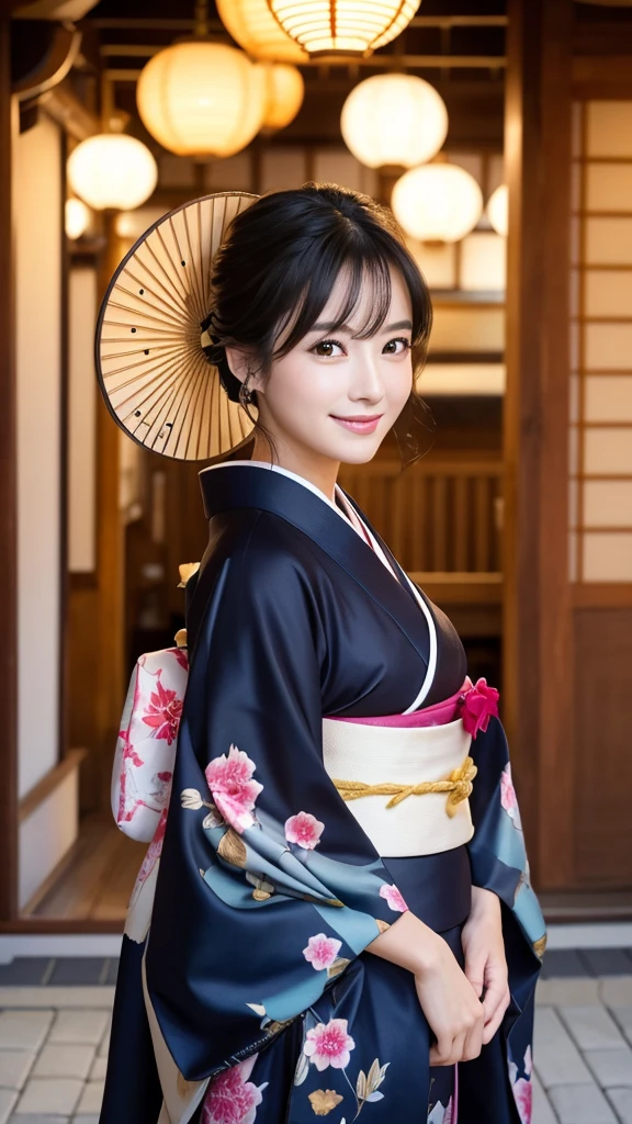 (Super beautiful woman in kimono)、((highest quality、8K masterpiece:1.3))、sharp focus:1.2、(super beautiful face:1.0)、(shiny skin:1.0)、realistic pictures、black hair、video lighting、High resolution eyes and face、video lighting、japanese actress、from the front、with a happy smile、whole body、wearing a kimono、in Kyoto、(luxury obi)、with a fan、Fireworks Display