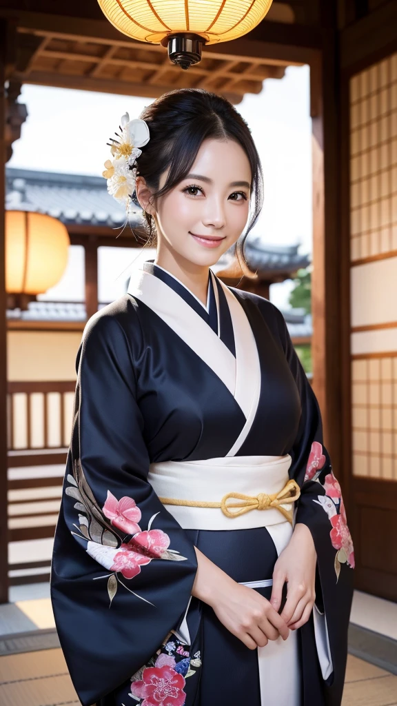 (Super beautiful woman in kimono)、((highest quality、8K masterpiece:1.3))、sharp focus:1.2、(super beautiful face:1.0)、(shiny skin:1.0)、realistic pictures、black hair、video lighting、High resolution eyes and face、video lighting、japanese actress、from the front、with a happy smile、whole body、wearing a kimono、in Kyoto、(luxury obi)、with a fan、Fireworks Display