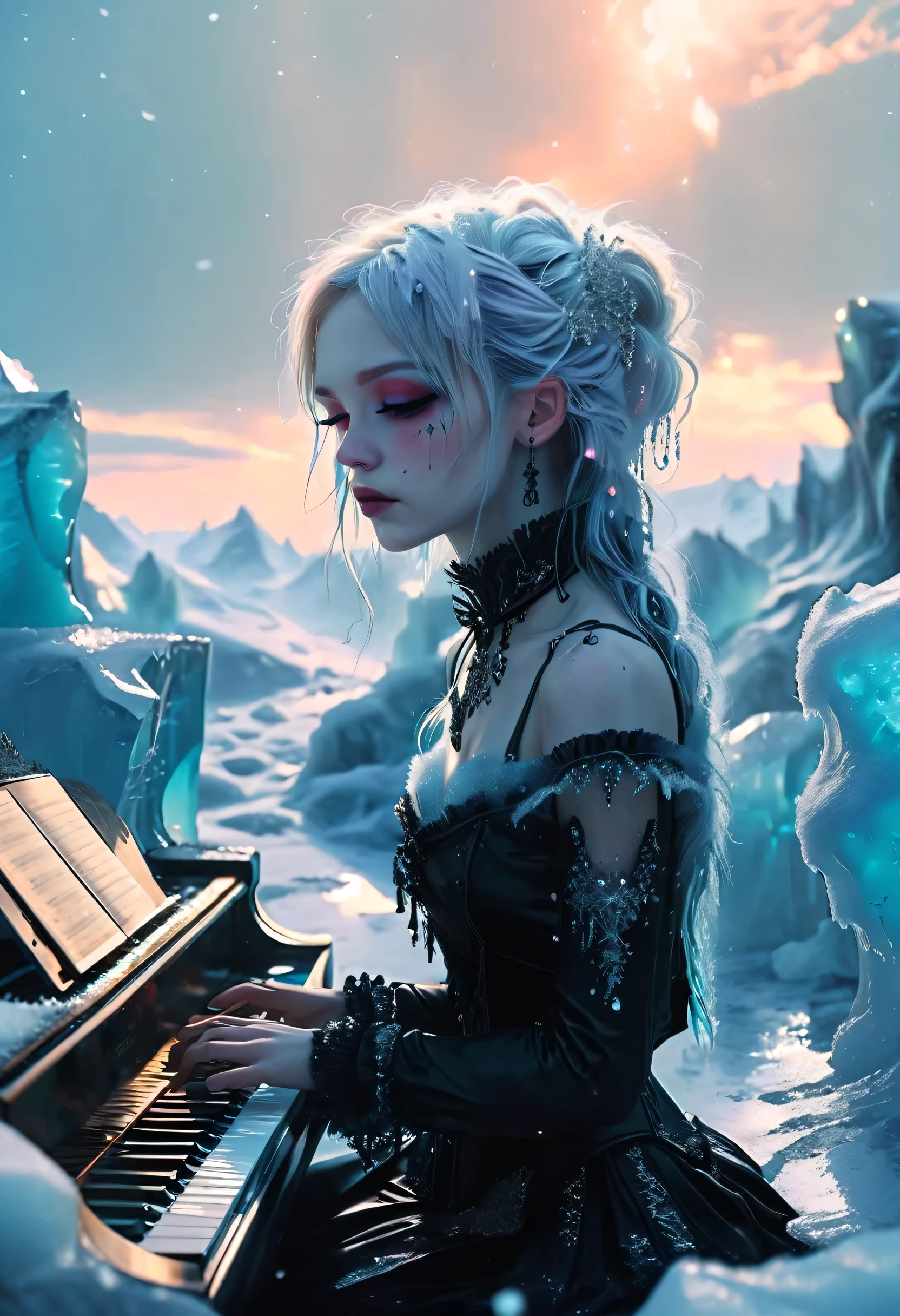 A gothic emo girl plays the piano in an icy landscape. The girl has pale skin and dark makeup and wears Victorian-inspired clothing with a modern emo twist. The ground is covered in snow and shimmering ice sculptures, and glaciers can be seen in the background. The sky is filled with the mesmerizing colors of the Northern Lights, casting a mystical glow over the entire scene. The girl sits in the middle and plays the piano, surrounded by the cold beauty of ice and snow.