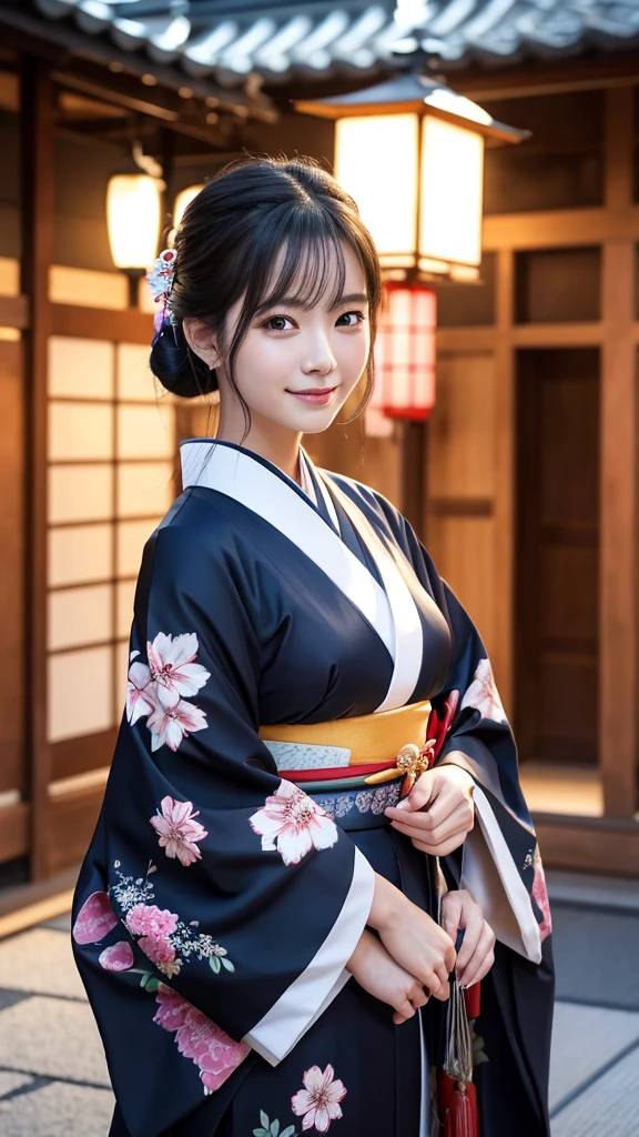 (Super beautiful woman in kimono)、((highest quality、8K masterpiece:1.3))、sharp focus:1.2、(super beautiful face:1.0)、(shiny skin:1.0)、realistic pictures、black hair、video lighting、High resolution eyes and face、video lighting、japanese actress、from the front、with a happy smile、whole body、wearing a kimono、in Kyoto、(luxury obi)、with a fan、Fireworks Display