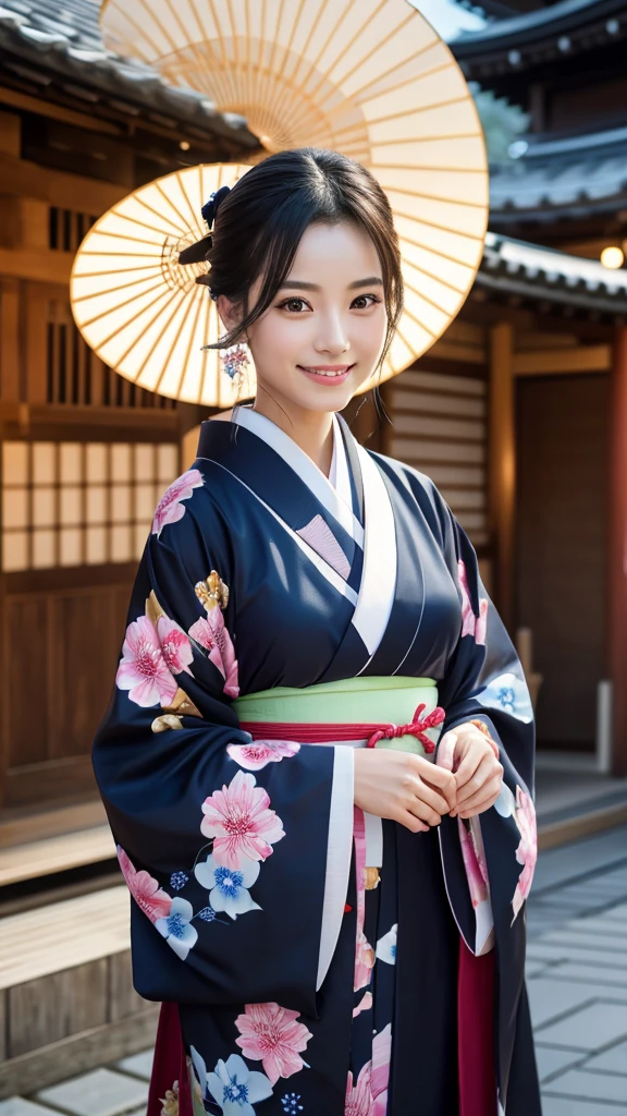 (Super beautiful woman in kimono)、((highest quality、8K masterpiece:1.3))、sharp focus:1.2、(super beautiful face:1.0)、(shiny skin:1.0)、realistic pictures、black hair、video lighting、High resolution eyes and face、video lighting、japanese actress、from the front、with a happy smile、whole body、wearing a kimono、in Kyoto、(luxury obi)、with a fan、Fireworks Display