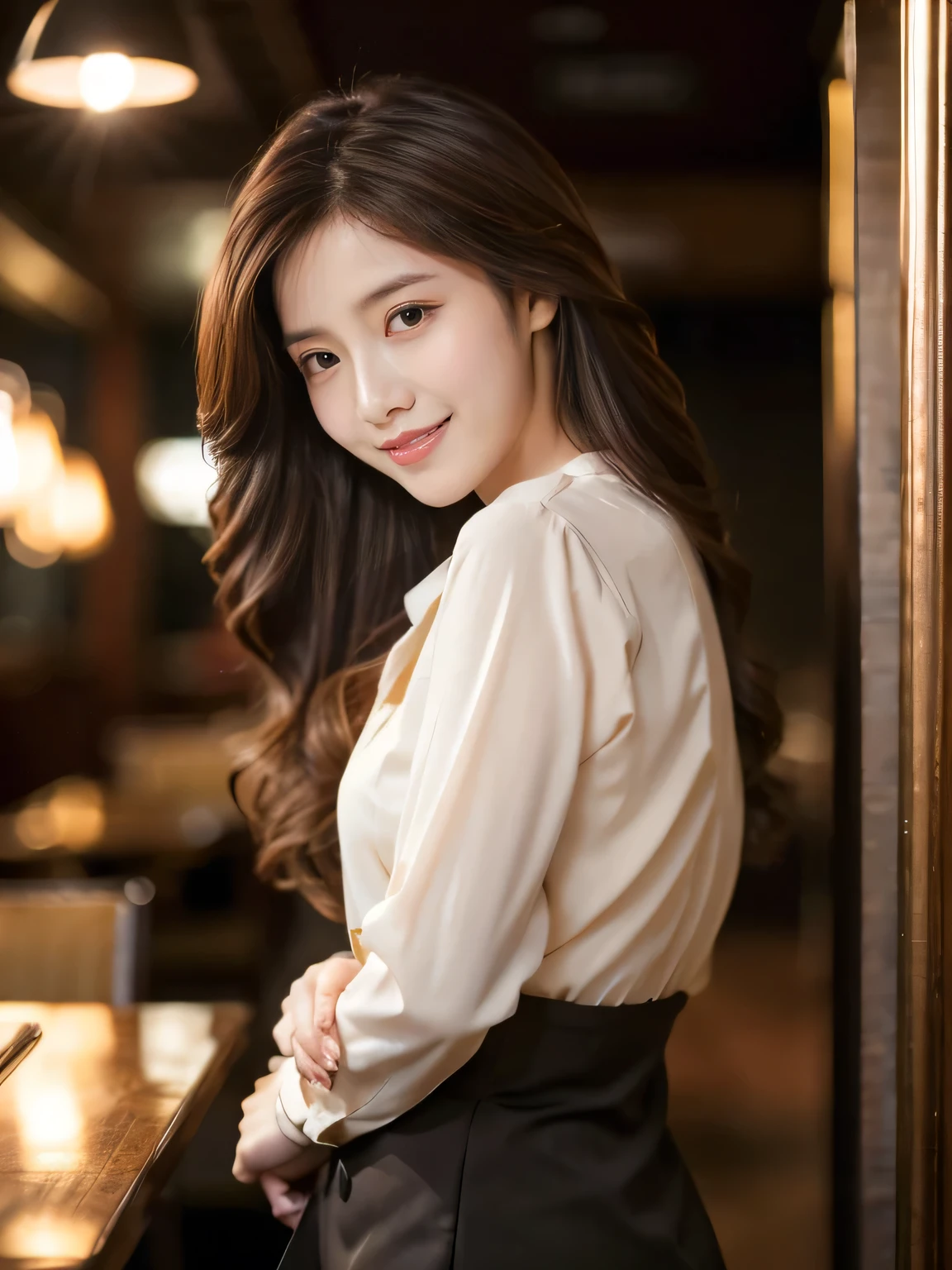 Masterpiece, best quality, realistic, very detailed, finer details, high resolution, 8k wallpaper, beautiful woman, wearing casual business clothes, great restaurant, night, light brown messy hair, long hair, perfect dynamic composition, beautiful and beautiful eyes, smiling, (body is in a turning around position), Random body orientation,