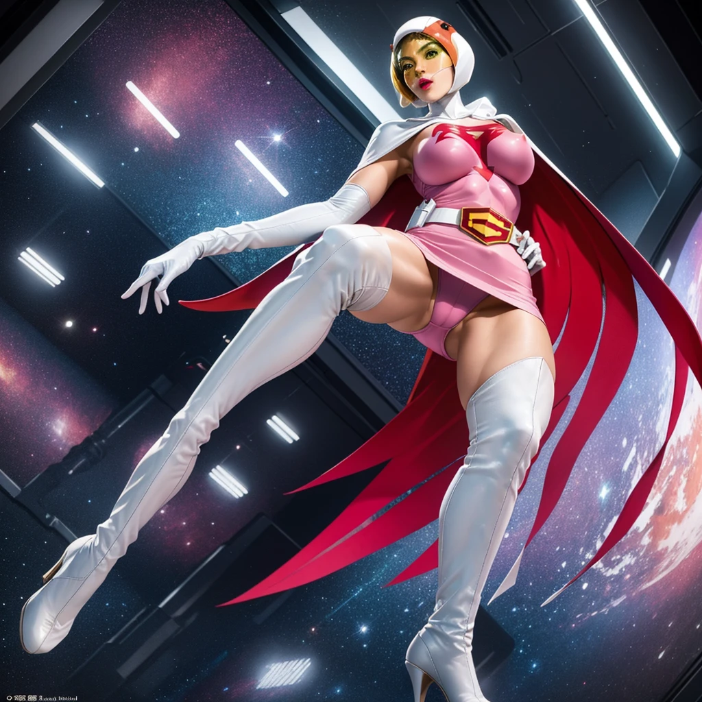 ANI_CLASSIC_jun_gatchaman_ownwaifu,1girl, ,good anatomy, masterpiece, best quality,realistic, hyperrealistic, 16k hdr, long hair,breasts,green eyes,lips,large breasts,lipstick,makeup,gloves,cape,helmet,belt,elbow gloves,white gloves,mask,ultra miniskirt,leotard,spacesuit,white tight overknee highheels boots,pink dress,superhero,bodysuit,cleavage,erected nipples,(sexy pose,from below:1.2),(spread legs:1.1),cameltoe