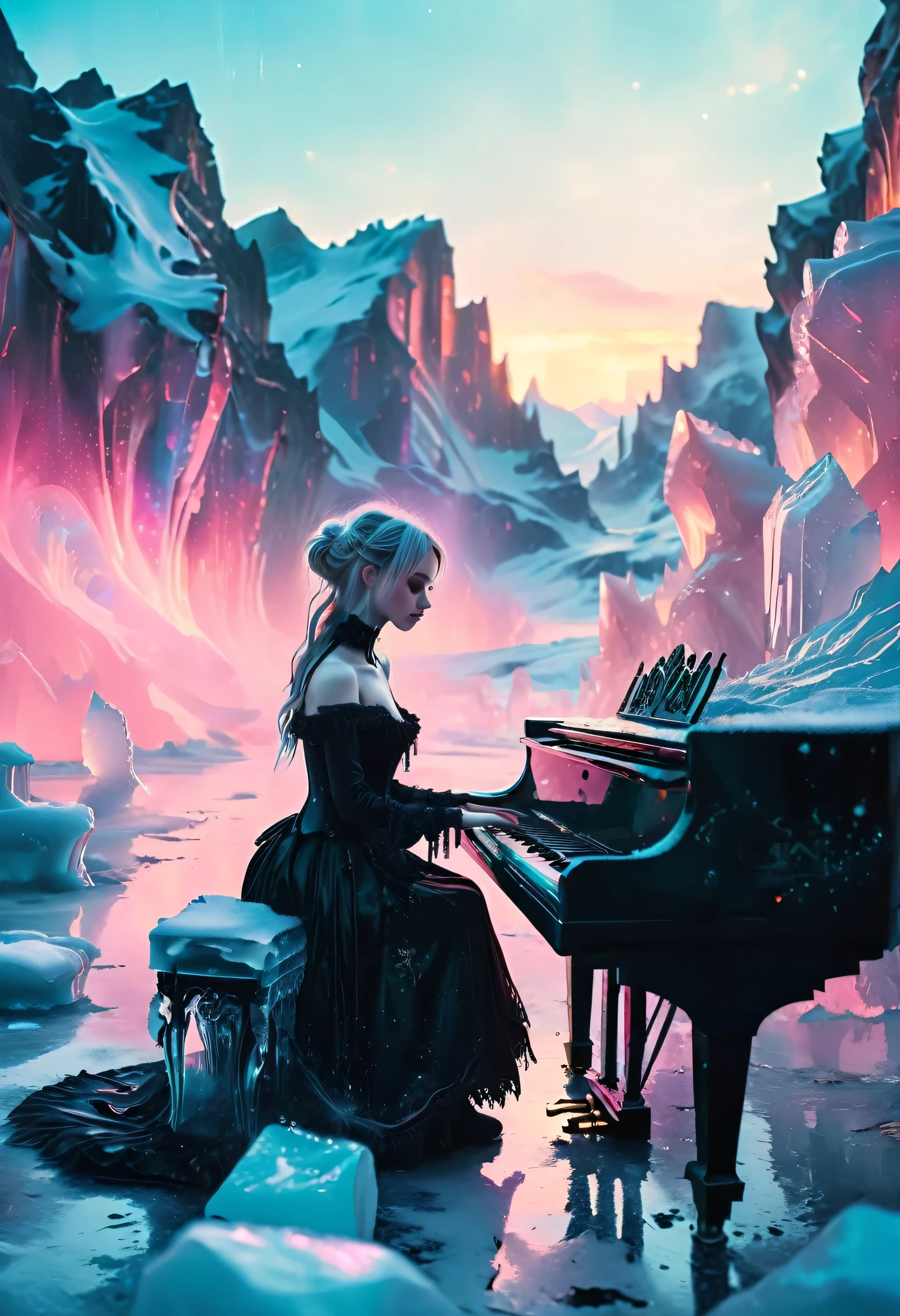 A gothic emo girl plays the piano in an icy landscape. The girl has pale skin and dark makeup and wears Victorian-inspired clothing with a modern emo twist. The ground is covered in snow and shimmering ice sculptures, and glaciers can be seen in the background. The sky is filled with the mesmerizing colors of the Northern Lights, casting a mystical glow over the entire scene. The girl sits in the middle and plays the piano, surrounded by the cold beauty of ice and snow.