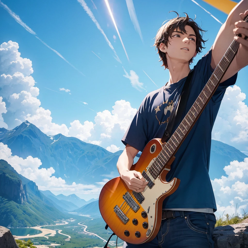 "A young man with an electric guitar in a mountain, raising one arm towards the blue sky and looking up with an expression of excitement and freedom."
Be careful to make more arms than normal and also be careful with facial features.