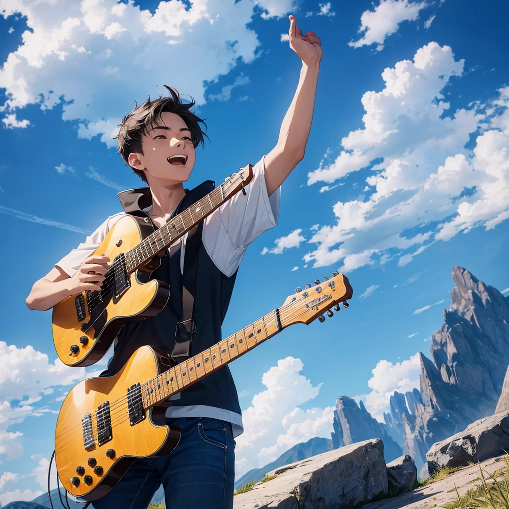 "A young man with an electric guitar in a mountain, raising one arm towards the blue sky and looking up with an expression of excitement and freedom."
Be careful to make more arms than normal and also be careful with facial features.
